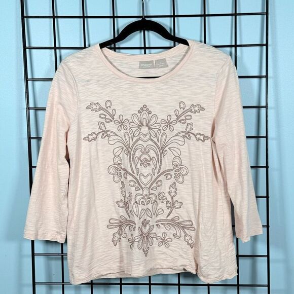 Chicos Zenergy Soft Embroidered Applie T-Shirt Womens 1 (8/10) Pink Cottagecore‎ - Picture 1 of 8